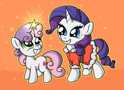 Size: 2959x2160 | Tagged: safe, artist:background basset, derpibooru import, rarity, sweetie belle, pony, unicorn, g4, abstract background, belle sisters, christmas, christmas outfit, clothes, costume, cute, duo, female, holiday, horn, looking at each other, looking at someone, santa costume, siblings, sisters, smiling, smiling at each other, stars