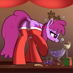 Size: 2000x2000 | Tagged: safe, artist:maretian, derpibooru import, berry punch, berryshine, earth pony, pony, g4, antlers, blushing, butt, christmas, clothes, cookie, crumbs, dock, drink, drunk, drunk bubbles, eggnog, emanata, featureless crotch, female, food, holiday, lidded eyes, mare, plot, present, punch, punch (drink), punch bowl, rear view, socks, solo, spilled drink, table, tail, tongue, tongue out