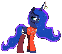 Size: 2000x1763 | Tagged: safe, artist:maretian, derpibooru import, princess luna, alicorn, pony, g4, christmas, clothes, female, holiday, lidded eyes, long legs, looking at you, mare, messy mane, mistletoe, simple background, smiling, socks, solo, sweater, transparent background