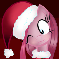 Size: 894x894 | Tagged: safe, artist:asax0, artist:gray-feathers, derpibooru import, edit, pinkie pie, earth pony, pony, g4, 2014, christmas, clothes, costume, female, hat, holiday, mare, pinkamena diane pie, santa costume, santa hat, shrunken pupils, striped background