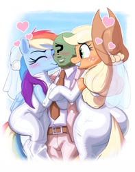 Size: 947x1200 | Tagged: safe, artist:_ton618_, artist:ton618, derpibooru import, applejack, rainbow dash, oc, oc:anon, earth pony, human, pegasus, pony, g4, anon gets all the mares, applebucking thighs, applebutt, applejack's hat, bigamy, blush lines, blushing, butt, canon x oc, clothes, dress, eyes closed, female, floating heart, freckles, gown, grin, hat, heart, human male, human on pony action, interspecies, kiss on the cheek, kissing, large butt, love triangle, lucky bastard, male, mare, married couple, necktie, plot, polyamory, pony on human action, smiling, straight, suit, the ass was fat, thighs, thunder thighs, trio, wedding dress, wide hips