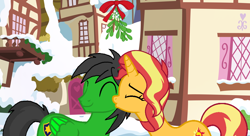 Size: 1076x584 | Tagged: safe, artist:mickey1909, derpibooru import, sunset shimmer, oc, oc:star armour, pegasus, pony, unicorn, g4, female, horn, kiss on the cheek, kissing, male, mare, mistletoe, stallion, straight