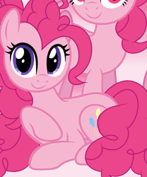 Size: 1191x1433 | Tagged: safe, artist:pinkiepartypiepiety, derpibooru import, pinkie pie, earth pony, pony, g4, alternate eye color, base artist needed, base used, clone, female, gradient background, lying down, mare, pink eyes, pinkie clone, prone, purple eyes, solo, wrong eye shape