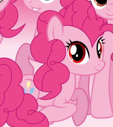 Size: 1243x1395 | Tagged: safe, artist:pinkiepartypiepiety, derpibooru import, pinkie pie, earth pony, pony, g4, alternate eye color, base used, clone, female, gradient background, looking at you, lying down, mare, prone, red eyes, solo, wrong eye shape