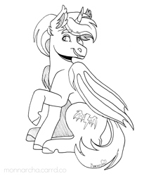 Size: 2400x2700 | Tagged: safe, artist:monnarcha, derpibooru import, oc, alicorn, bat pony, bat pony alicorn, pony, bat wings, horn, monochrome, solo, wings