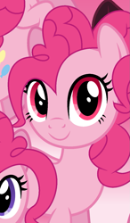 Size: 777x1335 | Tagged: safe, artist:pinkiepartypiepiety, derpibooru import, pinkie pie, earth pony, pony, g4, alternate eye color, base artist needed, base used, clone, female, gradient background, looking at you, magenta eyes, mare, pink eyes, solo