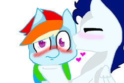 Size: 749x504 | Tagged: safe, artist:fancyfox2, derpibooru import, rainbow dash, soarin', pegasus, pony, g4, female, kiss on the cheek, kissing, male, mare, shipping, soarindash, stallion, straight