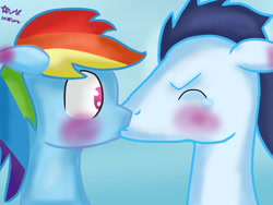 Size: 749x562 | Tagged: safe, artist:anaisthenightguard, derpibooru import, rainbow dash, soarin', pegasus, pony, g4, cute, dashabetes, female, heartwarming, kiss on the lips, kissing, male, mare, primal, rainbow dash is best pony, romantic, shipping, soarinbetes, soarindash, stallion, straight, sweet dreams fuel