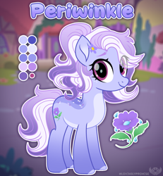 Size: 2000x2169 | Tagged: safe, artist:lovinglypromise, derpibooru import, oc, oc only, oc:periwinkle, earth pony, pony, bio in description, body markings, color palette, colored hooves, countershading, eye clipping through hair, eyebrow slit, eyebrows, eyebrows visible through hair, female, flower, flower on ear, freckles, gradient legs, gradient mane, gradient tail, hooves, looking at you, mare, pale belly, ponytail, purple eyes, reference sheet, solo, tail