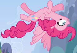 Size: 1086x750 | Tagged: safe, artist:angellight-vectors, artist:pinkienaturepie, artist:pinkiepartypiepiety, derpibooru import, pinkie pie, pegasus, pony, g4, alicorn wings, base used, cloud, deviantart watermark, female, flying, mare, obtrusive watermark, pegasus pinkie pie, pixel-crisp art, race swap, shrunken pupils, sky, solo, upside down, watermark, wings, wrong eye shape