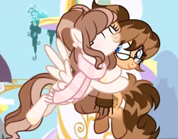 Size: 1558x1220 | Tagged: safe, artist:cstrawberrymilk, derpibooru import, oc, oc only, oc:alyna, oc:strawberry milk, earth pony, pegasus, pony, bangs, base used, blue eyes, blue sky, brown mane, brown scarf, brown tail, canterlot, clothes, coat markings, colored hooves, cream coat, cream hooves, day, duo, duo female, ear piercing, earring, earth pony oc, eyelashes, eyes closed, facial markings, female, female oc, flying, friends, glasses, gradient legs, head turn, heart earring, holding a pony, hooves, hug, jewelry, long mane, long tail, looking at someone, mare, mare oc, outdoors, pegasus oc, piercing, pink scarf, ponysona, ponytail, scarf, screencap background, smiling at someone, snip (coat marking), socks (coat marking), spread wings, striped scarf, tail, three quarter view, tied mane, two toned mane, two toned tail, wavy mane, wavy tail, wings