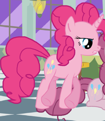 Size: 1502x1730 | Tagged: safe, artist:enneira20, artist:pinkiepartypiepiety, derpibooru import, mean pinkie pie, pinkie pie, pony, unicorn, g4, the mean 6, base used, clone, crossed hooves, female, horn, mare, offscreen character, race swap, solo, unicorn pinkie pie