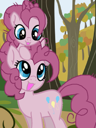 Size: 961x1282 | Tagged: safe, artist:kittiebases, artist:pinkiepartypiepiety, derpibooru import, mean pinkie pie, earth pony, pony, g4, the mean 6, base used, clone, female, filly, foal, looking at each other, looking at someone, mare, self paradox, younger