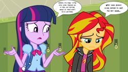 Size: 1573x885 | Tagged: safe, artist:richardchibbard, derpibooru import, sunset shimmer, twilight sparkle, human, equestria girls, g4, dialogue, duo, duo female, female