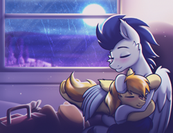 Size: 2600x2000 | Tagged: safe, artist:shad0w-galaxy, derpibooru import, braeburn, soarin', earth pony, pegasus, pony, g4, blushing, cheek fluff, cuddling, cute, ear fluff, ears, eyes closed, gay, hat, high res, hooves, hug, indoors, male, moon, my little pony the movie: soarin & braeburn, night, patreon, patreon reward, rain, ship:soarburn, shipping, smiling, stallion, suitcase, train