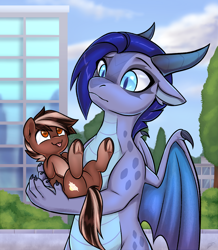 Size: 2000x2294 | Tagged: safe, artist:lina, derpibooru import, oc, oc only, oc:lina, oc:lina firesoul, dragon, pony, :p, brown coat, city, coat markings, commission, dragoness, ear markings, female, frog (hoof), looking at each other, looking at someone, oc x oc, socks (coat marking), tail, tongue, tongue out, two toned mane, two toned tail, underhoof