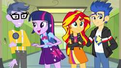 Size: 1147x645 | Tagged: safe, artist:richardchibbard, derpibooru import, flash sentry, sunset shimmer, twilight sparkle, equestria girls, g4, female, flashimmer, male, micro chips, ship:microlight, shipping, straight