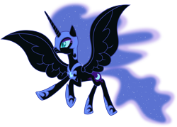 Size: 7090x5070 | Tagged: safe, artist:90sigma, derpibooru import, nightmare moon, alicorn, pony, g4, 2012, ethereal mane, ethereal tail, female, flying, helmet, hoof shoes, mare, peytral, simple background, slit eyes, solo, spread wings, tail, transparent background, vector, wings