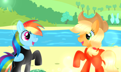 Size: 4854x2910 | Tagged: safe, artist:doraeartdreams-aspy, derpibooru import, applejack, rainbow dash, earth pony, pegasus, g4, appledash, applejack's hat, clothes, cowboy hat, female, hat, lake, lesbian, shipping, swimsuit, water