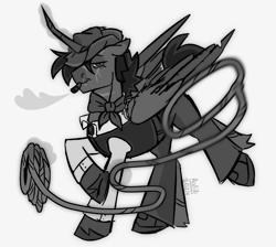 Size: 1510x1353 | Tagged: safe, artist:aalik, derpibooru import, oc, alicorn, pony, black and white, boots, cowboy, cowboy boots, cowboy hat, grayscale, hat, lasso, monochrome, rope, scar, shoes, smoking, wings