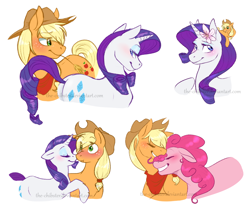 Size: 1100x920 | Tagged: safe, artist:the-chibster, derpibooru import, applejack, pinkie pie, rarity, earth pony, pony, unicorn, g4, appletini, blushing, female, flower, flower in hair, horn, lesbian, mare, micro, polyamory, rarijack, ship:applepie, shipping, trio