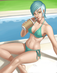 Size: 2625x3375 | Tagged: safe, artist:ldr, derpibooru import, lyra heartstrings, human, art pack:my little sweetheart, art pack:my little sweetheart 3, g4, armpits, barefoot, bikini, clothes, drink, feet, female, humanized, solo, swimming pool, swimsuit