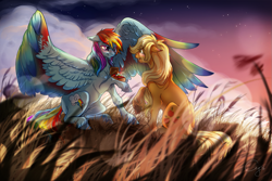 Size: 1417x945 | Tagged: safe, artist:cigarscigarettes, derpibooru import, applejack, rainbow dash, earth pony, pegasus, pony, g4, appledash, blushing, colored wings, crying, female, jewelry, large wings, lesbian, mare, marriage proposal, multicolored wings, rainbow feathers, rainbow wings, ring, shipping, spread wings, unshorn fetlocks, wings