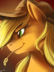 Size: 1232x1650 | Tagged: safe, artist:oblivionheart13, derpibooru import, applejack, earth pony, pony, g4, bust, female, mare, portrait, solo, straw, straw in mouth