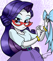 Size: 2278x2632 | Tagged: safe, artist:alligatorgummy, artist:lunchie, derpibooru import, rarity, human, equestria girls, g4, rainbow rocks, abstract background, belt, belt buckle, bow, bracelet, buckle, credits, eyebrows, eyebrows visible through hair, female, jewelry, shine like rainbows, solo