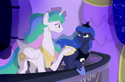 Size: 2900x1900 | Tagged: safe, artist:rutkotka, derpibooru import, princess celestia, princess luna, alicorn, pony, g4, balcony, duo, fanfic, fanfic art, female, mare, royal sisters, siblings, sisters