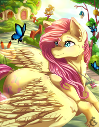 Size: 2640x3360 | Tagged: safe, artist:serenity, derpibooru import, fluttershy, butterfly, pony, g4, accessory, blushing, colored pupils, cottage, cute, ear fluff, ears, female, fluttershy's cottage, jewelry, lying down, necklace, pretty, prone, solo, speedpaint, spread wings, wingding eyes, wings