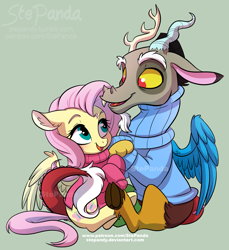 Size: 2229x2430 | Tagged: safe, artist:stepandy, derpibooru import, discord, fluttershy, draconequus, pegasus, pony, g4, bottomless, clothes, deviantart, duo, female, male, nudity, partial nudity, patreon, simple background, smiling, sweater, sweatershy, watermark