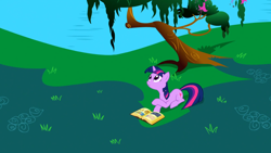 Size: 1920x1080 | Tagged: safe, derpibooru import, screencap, twilight sparkle, unicorn twilight, pony, unicorn, friendship is magic, g4, book, book of harmony, female, horn, mare, my little pony: friendship is magic, tree