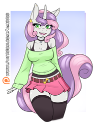 Size: 1890x2490 | Tagged: safe, artist:ambris, derpibooru import, sweetie belle, anthro, unicorn, g4, adorasexy, adult, beautiful, beautisexy, bell, bell choker, belt, blushing, bra, breasts, choker, cleavage, clothes, curvy, cute, diasweetes, ear piercing, earring, eyelashes, eyeshadow, female, green eyes, happy, horn, jewelry, looking at you, makeup, mare, midriff, miniskirt, moe, off shoulder, off shoulder sweater, older, older sweetie belle, patreon, patreon logo, piercing, reasonably sized breasts, sexy, shoulderless, simple background, skindentation, skirt, smiling, socks, solo, stockings, sweater, sweater belle, sweetie boobs, tanktop, teenager, thigh highs, thighs, underwear, wall of tags, wide hips, zettai ryouiki