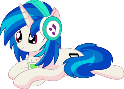 Size: 7599x5474 | Tagged: safe, artist:cyanlightning, derpibooru import, dj pon-3, vinyl scratch, pony, unicorn, g4, .svg available, chest fluff, ear fluff, ears, female, headphones, holding, horn, lying down, mare, mp3 player, prone, simple background, solo, transparent background, vector