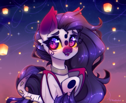 Size: 2861x2348 | Tagged: safe, artist:radioaxi, derpibooru import, oc, oc only, bat pony, pony, bat pony oc, bat wings, colored eyebrows, colored eyelashes, folded wings, high res, jewelry, long hair, mask, necklace, open mouth, sky lantern, slit eyes, solo, wings