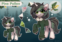 Size: 3462x2351 | Tagged: safe, artist:radioaxi, derpibooru import, oc, oc only, oc:pine pollen, pony, unicorn, eye clipping through hair, high res, horn, raised hoof, raised leg, reference sheet, smiling, solo, unicorn oc