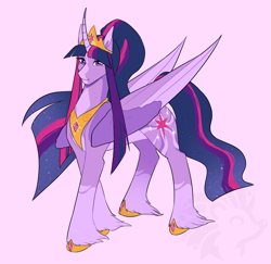 Size: 2297x2235 | Tagged: safe, artist:kefirchik7, derpibooru import, twilight sparkle, twilight sparkle (alicorn), alicorn, pony, g4, blaze (coat marking), coat markings, crown, facial markings, female, hoof shoes, jewelry, mare, peytral, redesign, regalia, simple background, smiling, solo, unshorn fetlocks