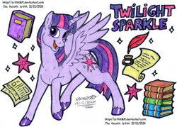 Size: 3269x2339 | Tagged: safe, artist:artistnjc, derpibooru import, twilight sparkle, twilight sparkle (alicorn), alicorn, pony, g4, book, character name, cutie mark, inkwell, paper, parchment, quill, simple background, smiling, solo, spread wings, traditional art, wings