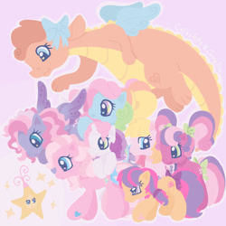 Size: 1280x1280 | Tagged: safe, artist:celestite-caroline, derpibooru import, cheerilee (g3), pinkie pie (g3), rainbow dash (g3), scootaloo (g3), starsong, sweetie belle (g3), toola roola, dragon, earth pony, pegasus, pony, unicorn, g3, g3.5, twinkle wish adventure, core seven, cute, female, filly, foal, g3betes, horn, light pink background, mare, pastel, smiling, stars, twinkle wish