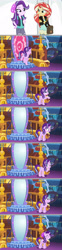 Size: 1280x5173 | Tagged: safe, artist:silverbuller, derpibooru import, edit, edited screencap, screencap, starlight glimmer, sunset shimmer, human, pony, unicorn, equestria girls, g4, bag, beanie, clothes, comic, duo, duo female, eyes closed, female, happy, hat, horn, indoors, library, magic, mare, portal, saddle bag, screencap comic, smiling, telekinesis, twilight's castle, twilight's castle library