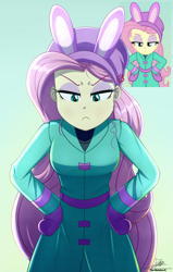 Size: 1934x3034 | Tagged: safe, artist:the-butch-x, derpibooru import, fluttershy, series:butch's frame redrawn, equestria girls, g4, holidays unwrapped, belt, breasts, clothes, coat, equestria girls specials, female, fluttershy is not amused, frame redrawn x, gloves, hat, hootershy, looking at you, looking down, looking down at you, mittens, screencap reference, solo, unamused, winter outfit