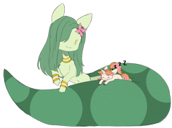 Size: 1206x896 | Tagged: safe, artist:belka-sempai, artist:polofastter, derpibooru import, oc, oc only, oc:belka, oc:lamey, cat, cat pony, lamia, original species, pony, snake, snake pony, unicorn, belly, belly button, big tail, bracelet, duo, fat tail, flower, flower in hair, horn, jewelry, long mane, necklace, onomatopoeia, ponytail, simple background, size difference, sketch, sleeping, tail, transparent background