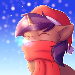 Size: 1000x1000 | Tagged: safe, artist:zobaloba, derpibooru import, oc, oc only, oc:lunar spice, unicorn, christmas, clothes, commission, eyes closed, hat, holiday, horn, santa hat, scarf, sticker, ych result