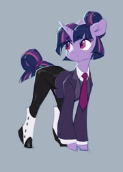 Size: 1320x1837 | Tagged: safe, artist:blue ink, artist:blueink_2501, derpibooru import, twilight sparkle, unicorn twilight, pony, unicorn, g4, alternate hairstyle, business suit, clothes, necktie, smiling, solo