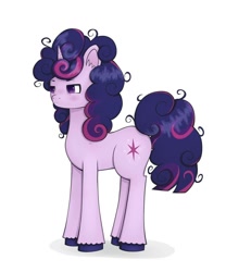 Size: 640x768 | Tagged: safe, artist:jazzhooves, derpibooru import, twilight sparkle, unicorn twilight, pony, unicorn, g4, alternate hairstyle, colored hooves, curly hair, curly mane, female, hooves, horn, mare, simple background, solo, twilight sparkle is not amused, unamused, white background