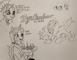 Size: 2048x1588 | Tagged: safe, artist:pony quarantine, derpibooru import, oc, oc only, oc:dyx, alicorn, kirin, nirik, pony, cigarette, cupcake, dialogue, dyxcember, eye clipping through hair, female, filly, fire, foal, food, grayscale, hoof hold, kirin-ified, mare, monochrome, older, older dyx, pen drawing, solo, species swap, traditional art