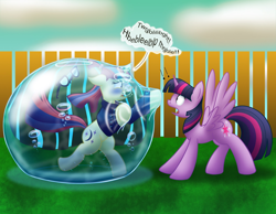 Size: 2250x1750 | Tagged: safe, artist:bladedragoon7575, derpibooru import, moondancer, twilight sparkle, twilight sparkle (alicorn), alicorn, pony, unicorn, g4, asphyxiation, bipedal, bubble, drowning, duo, female, flowing mane, flowing tail, horn, in bubble, mare, outdoors, speech bubble, surprised, tail, underwater, water