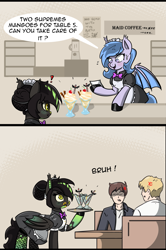 Size: 1671x2523 | Tagged: safe, artist:n-o-n, derpibooru import, oc, oc only, oc:chloe (airfly-pony), oc:lucky roll, bat pony, human, pony, alcohol, bruh, clothes, cocktail, coffee, comic, cross-popping veins, dress, drink, eeee, emanata, female, fishnet clothing, fishnet stockings, food, holding, ice cream, indoors, maid, maid cafe, maid headdress, mango, mare, shop, skirt, socks, speech bubble, stockings, thigh highs, tray, unprofessional, unprofessional behavior, waitress