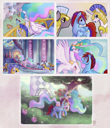 Size: 1786x2063 | Tagged: safe, artist:jennathedragon, derpibooru import, princess celestia, oc, alicorn, earth pony, pegasus, pony, unicorn, g4, balcony, blushing, canon x oc, canterlot, canterlot castle, comic, ethereal mane, ethereal tail, female, flowing mane, flowing tail, garden, happy, heart, heart eyes, horn, love at first sight, male, mare, romantic, royal guard, stallion, straight, tail, throne room, wingding eyes